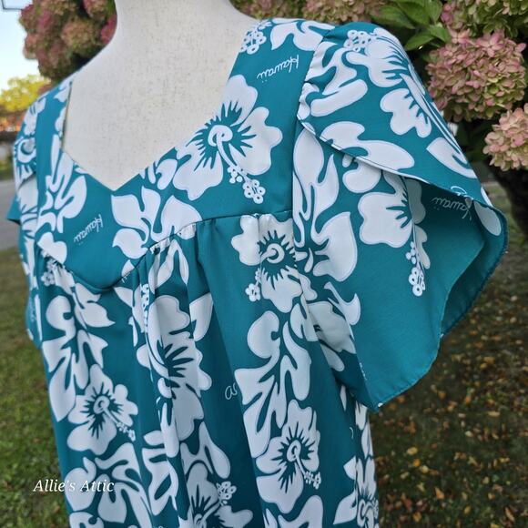 Jade Fashions Teal Blue Green White Tropical Floral Hawaiin Dress 80s 90s XL - Picture 6 of 8